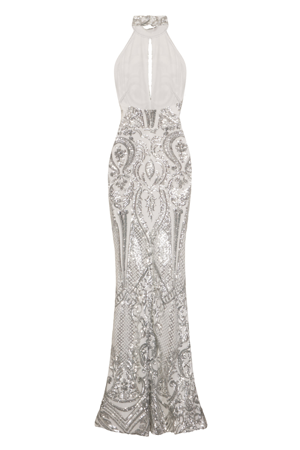 Mystery Silver Luxe Keyhole Bust Double Slit Sequin Illusion Maxi Dress
