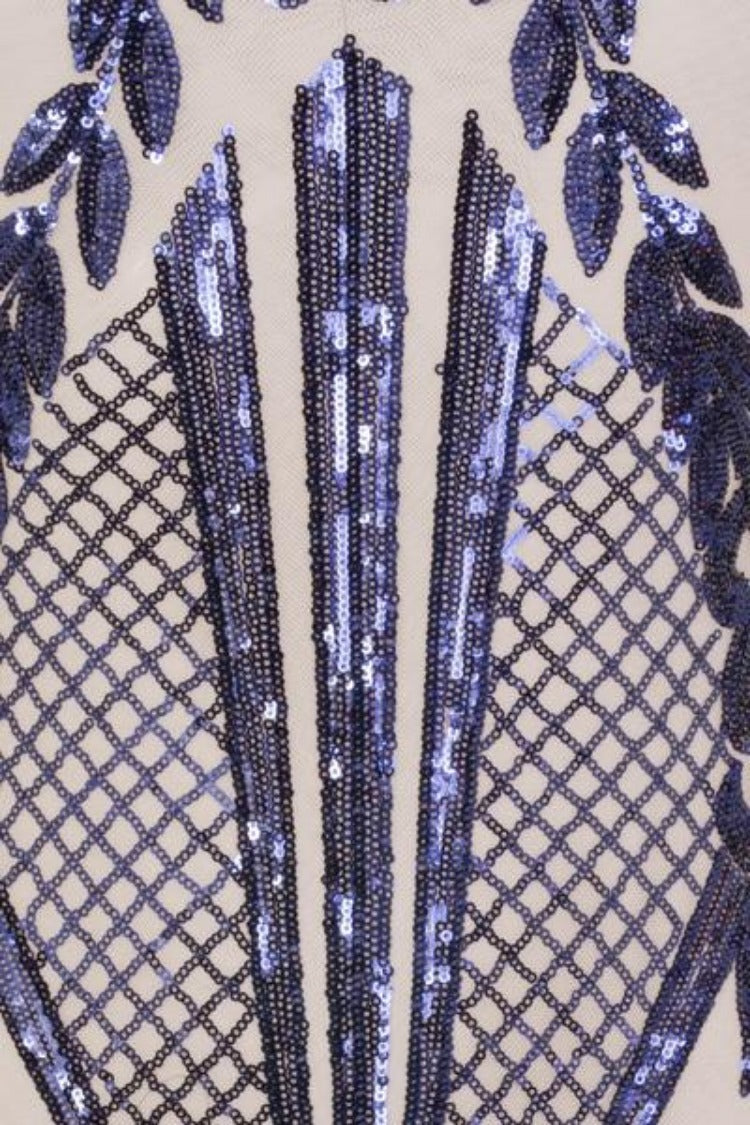 Glamazon Luxe Navy Nude Open Tie Side Tribal Sequin Fishtail Dress