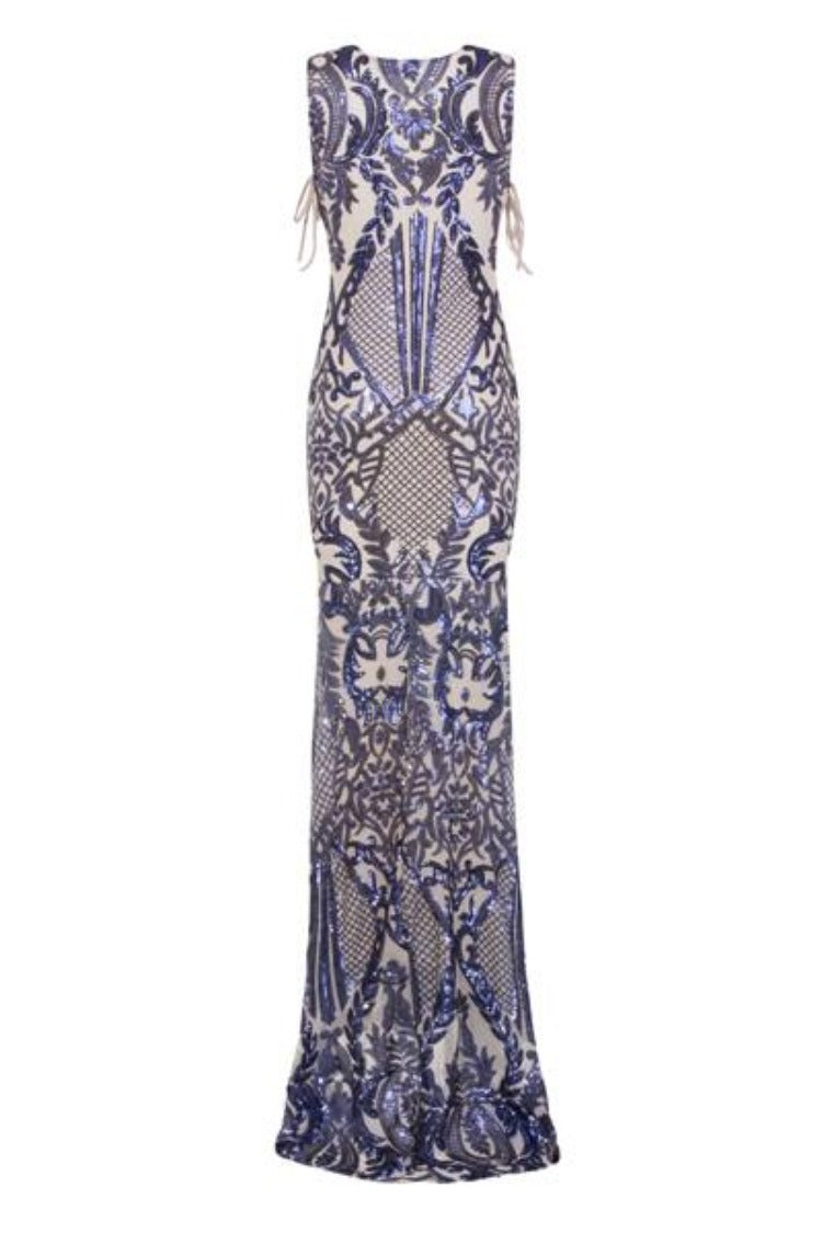 Glamazon Luxe Navy Nude Open Tie Side Tribal Sequin Fishtail Dress