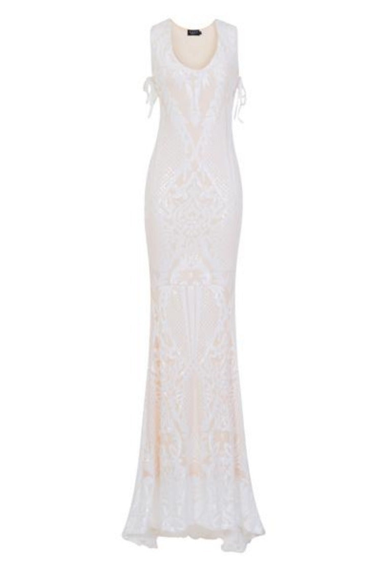 Glamazon Luxe White Nude Open Tie Side Tribal Sequin Fishtail Dress