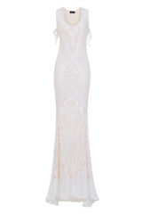 Glamazon Luxe White Nude Open Tie Side Tribal Sequin Fishtail Dress