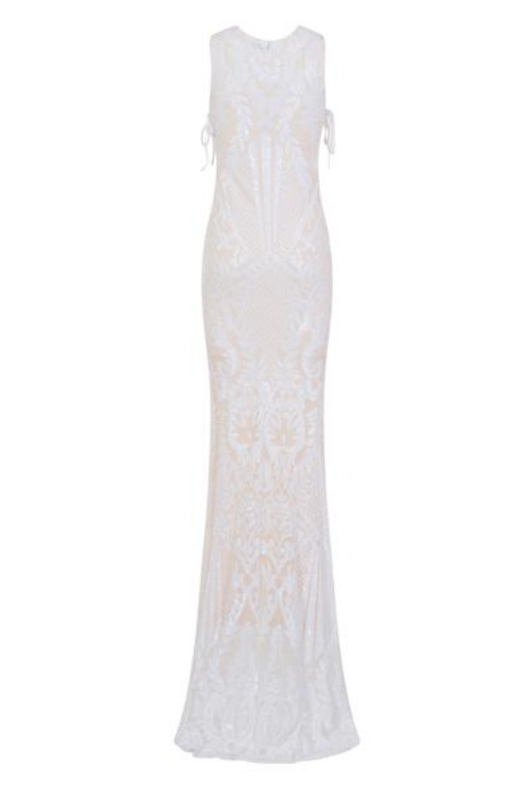 Glamazon Luxe White Nude Open Tie Side Tribal Sequin Fishtail Dress