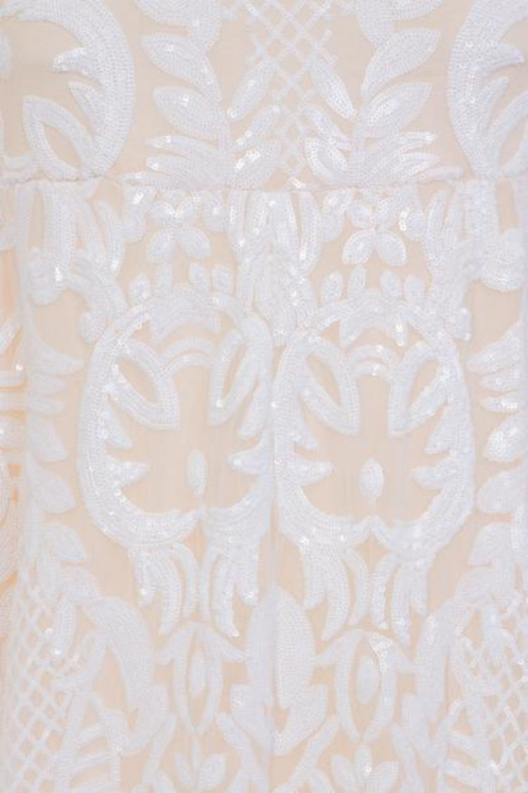 Glamazon Luxe White Nude Open Tie Side Tribal Sequin Fishtail Dress