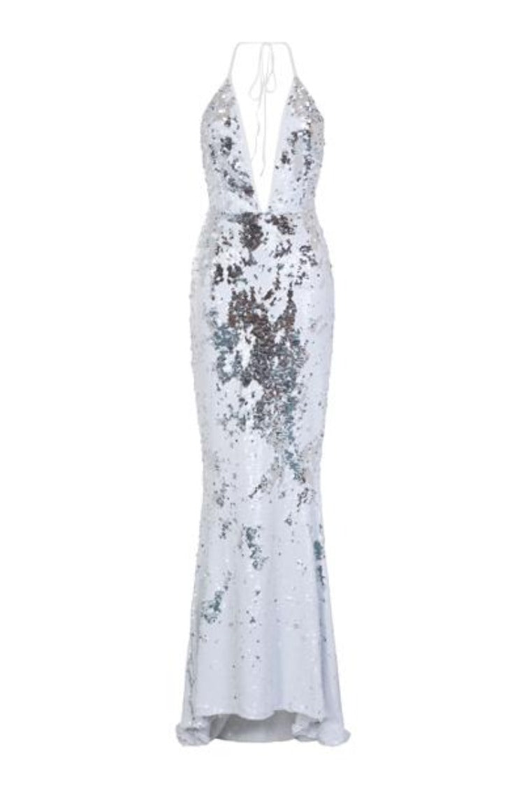 Cosmo White Silver Reversible Sequin Plunge Mermaid Fishtail Dress
