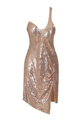 Rare Find Rose Gold Sequin Mesh One Shoulder Slit Dress