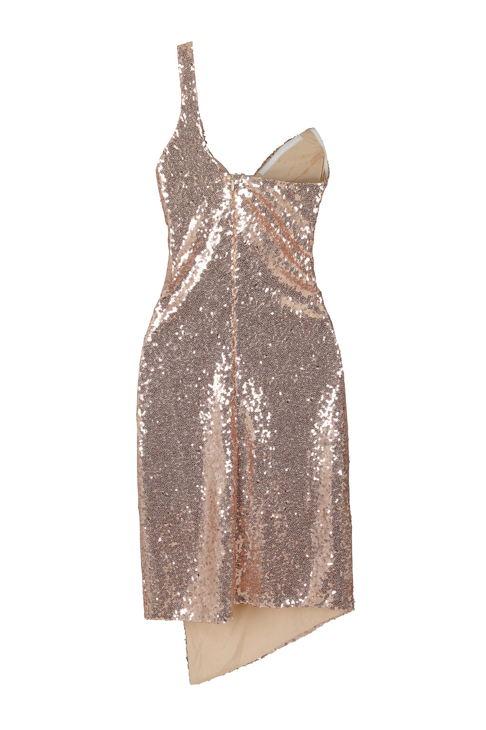 Rare Find Rose Gold Sequin Mesh One Shoulder Slit Dress