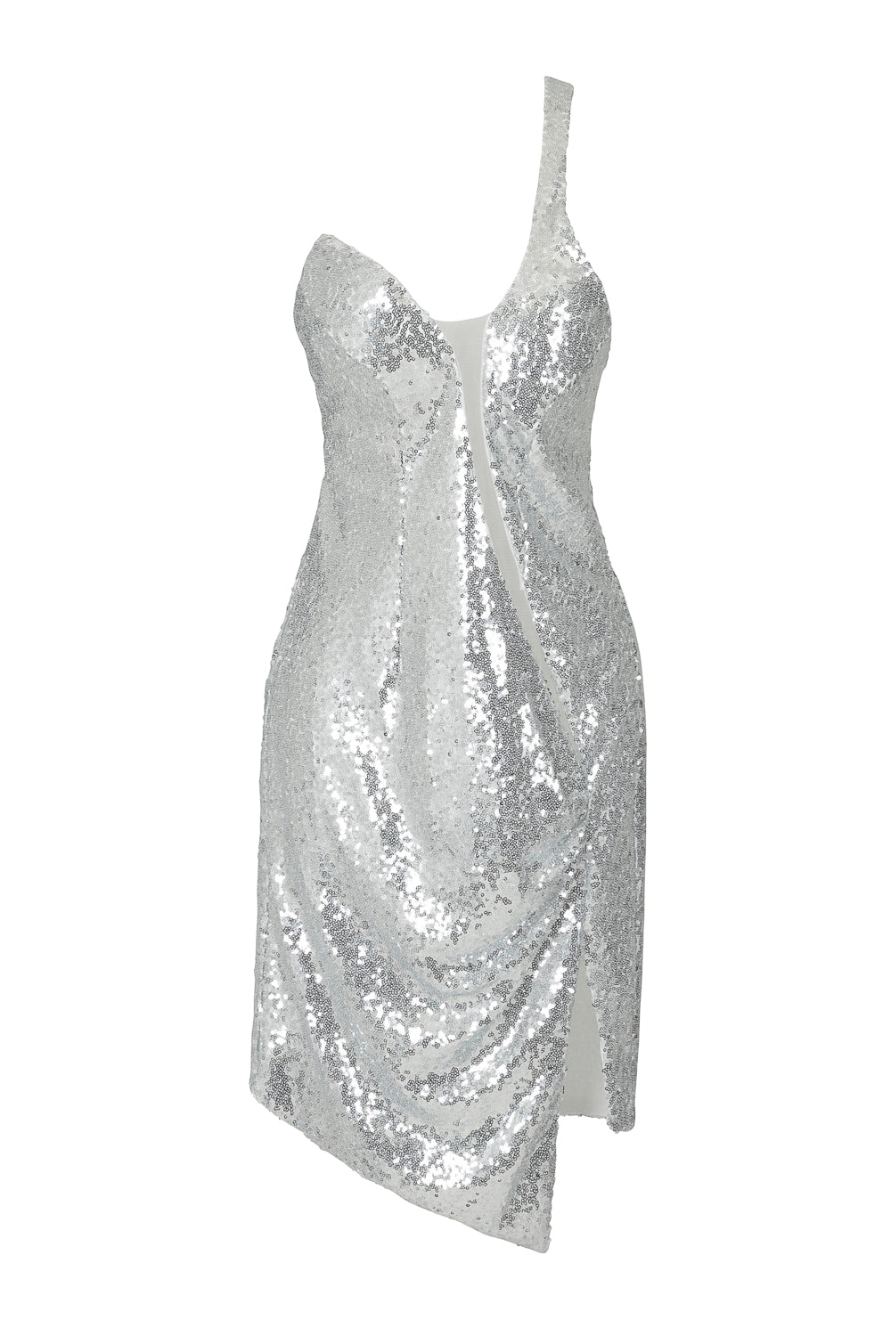 Rare Find Silver Sequin Mesh One Shoulder Slit Dress