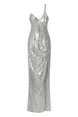 Shine On Me Silver Sequin Mesh One Shoulder Slit Maxi Dress