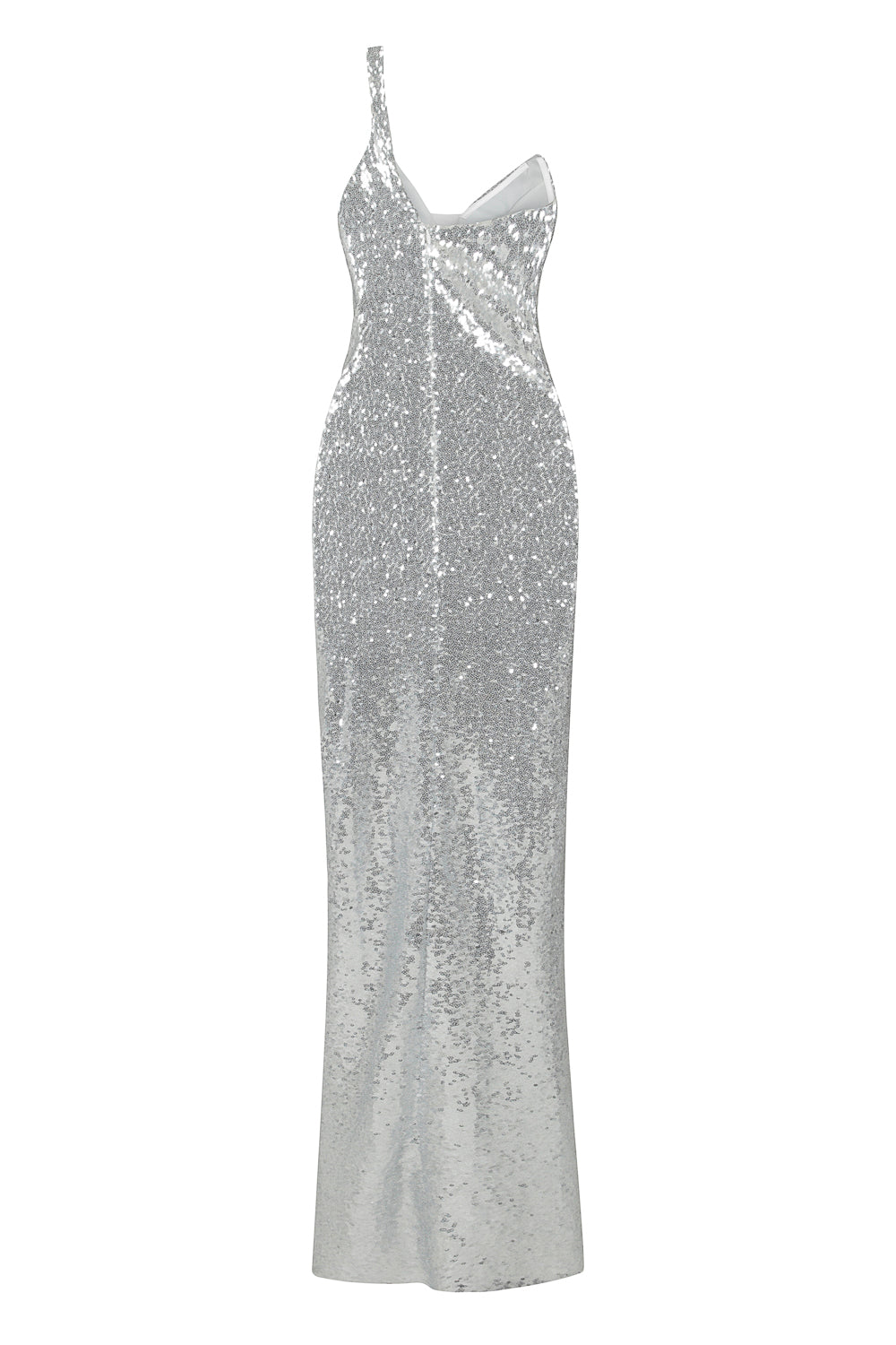 Shine On Me Silver Sequin Mesh One Shoulder Slit Maxi Dress