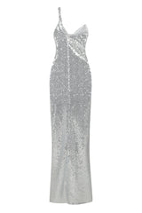 Shine On Me Silver Sequin Mesh One Shoulder Slit Maxi Dress