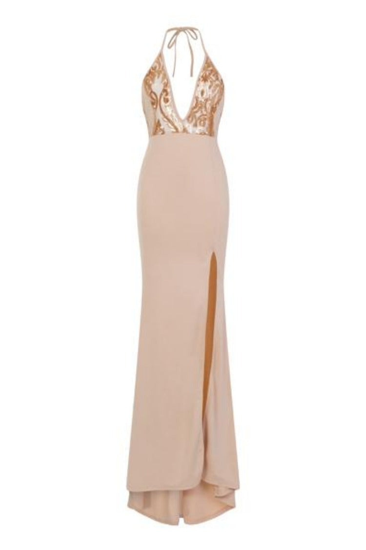 Bombshell Nude Choker Slinky Backless Thigh Slit Fishtail Maxi Dress