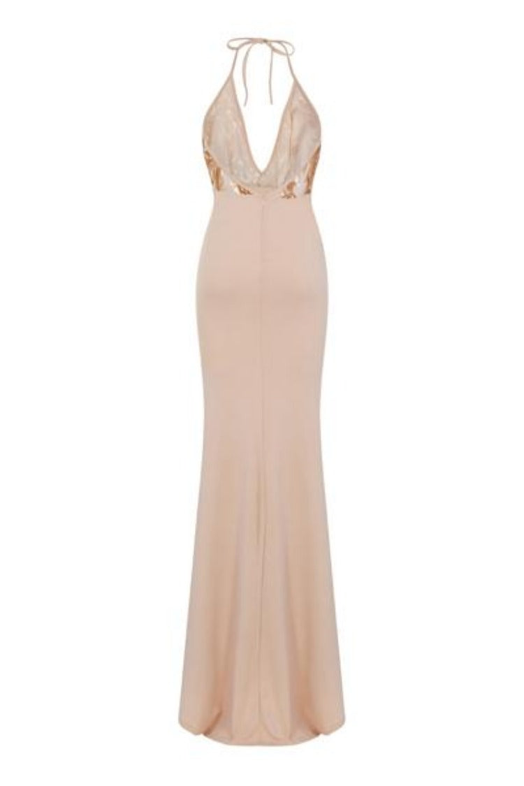 Bombshell Nude Choker Slinky Backless Thigh Slit Fishtail Maxi Dress