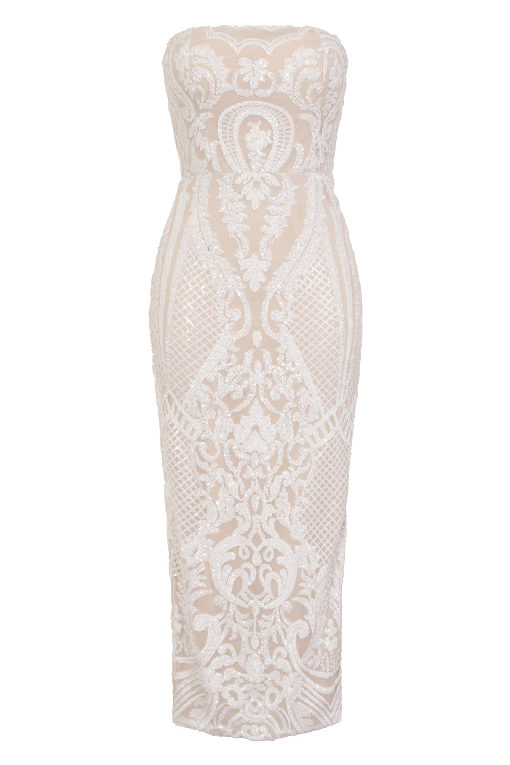 Vogue Luxe White Nude Strapless Sequin Illusion Midi Pencil Dress