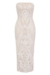 Vogue Luxe White Nude Strapless Sequin Illusion Midi Pencil Dress