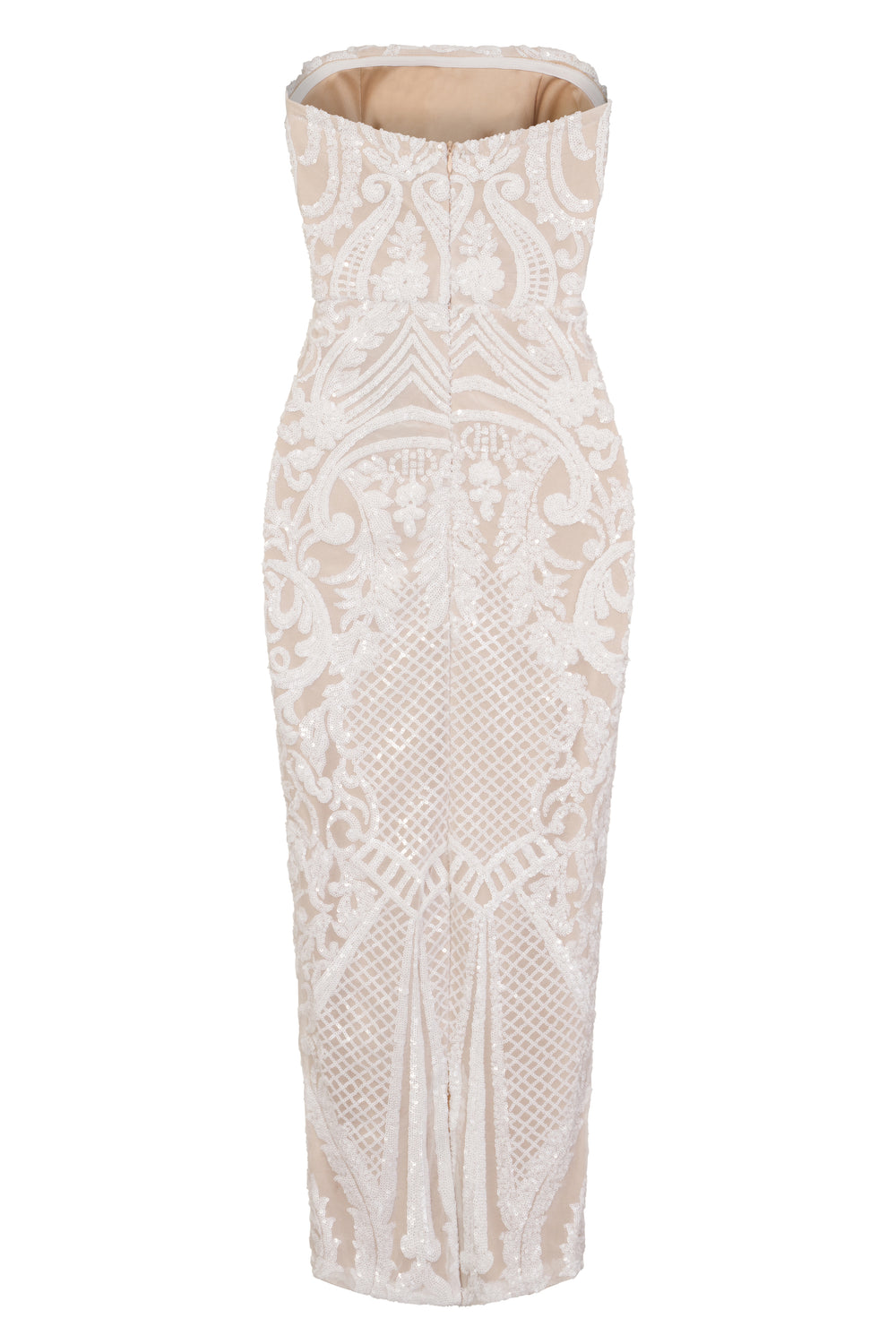 Vogue Luxe White Nude Strapless Sequin Illusion Midi Pencil Dress