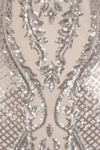 Vogue Luxe Silver Nude Strapless Sequin Illusion Midi Pencil Dress