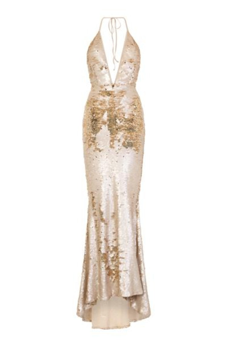 Cosmo Stone Gold Reversible Sequin Plunge Mermaid Fishtail Dress