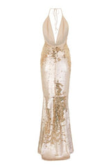 Cosmo Stone Gold Reversible Sequin Plunge Mermaid Fishtail Dress