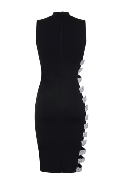 Scandal Black Exposed Rhinestone Cut Out Diamond Bodycon Midi Dress