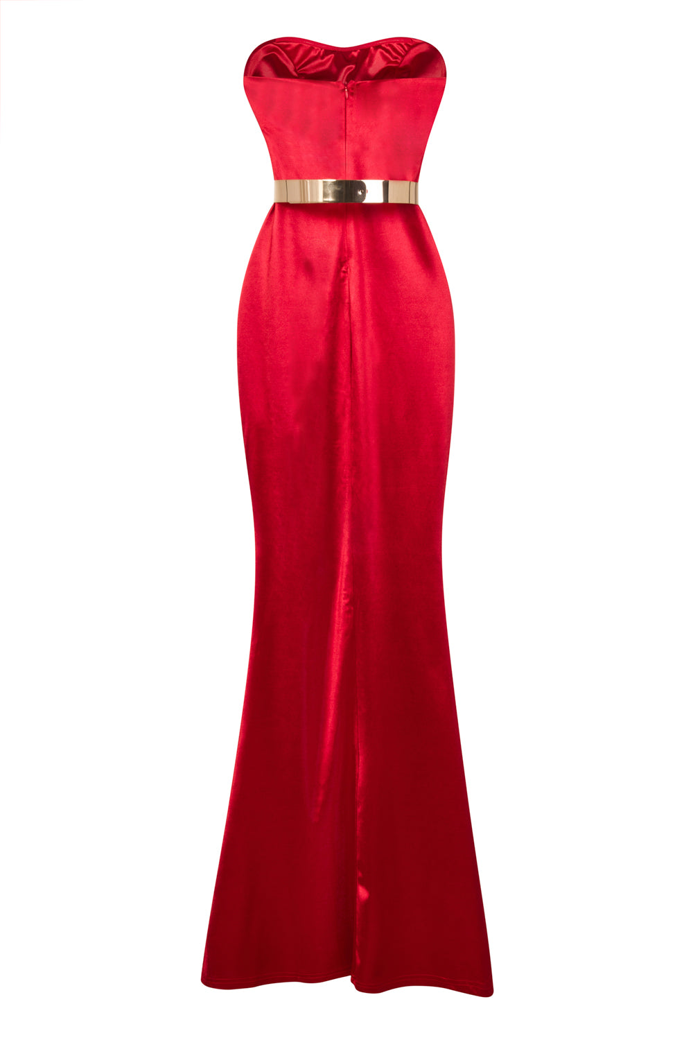 Versace Cherry Red Gold Belted Slinky Satin Thigh Slit Maxi Dress