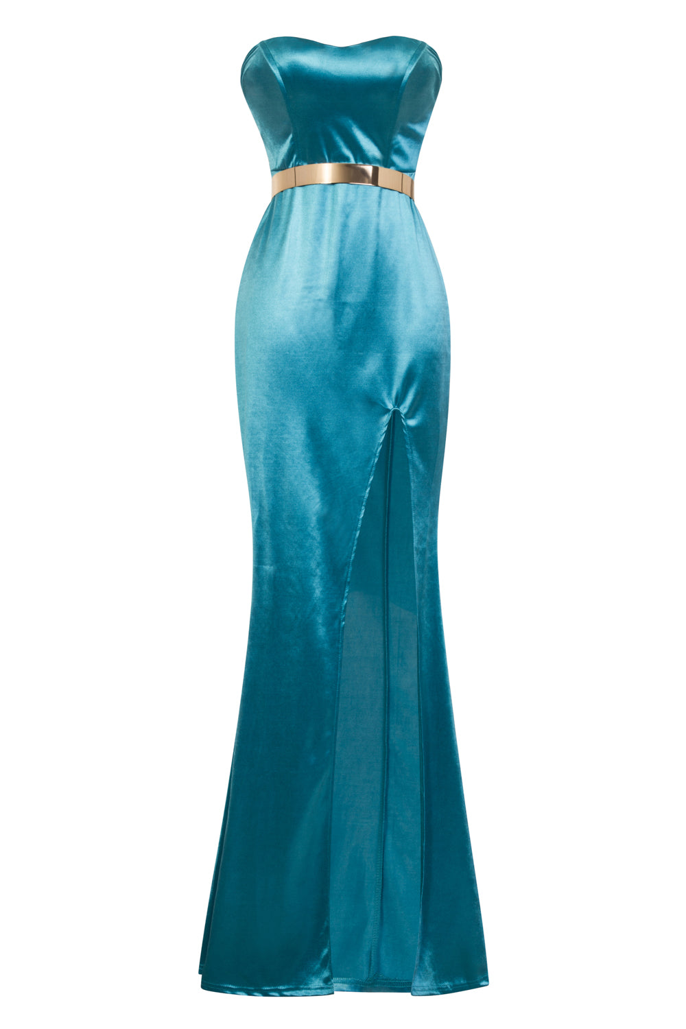 Versace Turquoise Gold Belted Slinky Satin Thigh Slit Maxi Dress