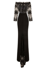 Meghan Black Off The Shoulder Bardot Lace Fishtail Maxi Dress