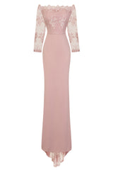 Meghan Mauve Off The Shoulder Bardot Lace Fishtail Maxi Dress