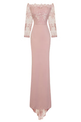 Meghan Mauve Off The Shoulder Bardot Lace Fishtail Maxi Dress