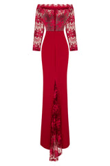 Meghan Berry Red Off The Shoulder Bardot Lace Fishtail Maxi Dress