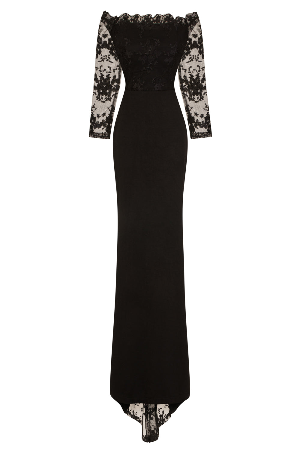 Meghan Black Off The Shoulder Bardot Lace Fishtail Maxi Dress