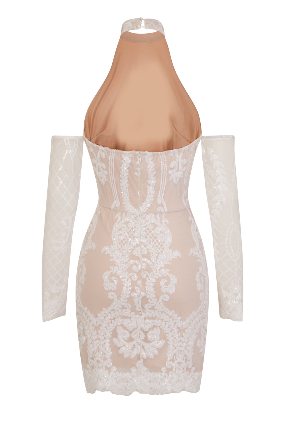 Icon White Nude Luxe Tribal Sequin Illusion Cold Shoulder Dress