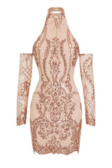 Icon Rose Gold Luxe Tribal Sequin Illusion Cold Shoulder Dress