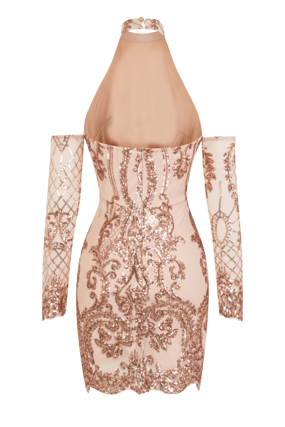 Icon Rose Gold Luxe Tribal Sequin Illusion Cold Shoulder Dress