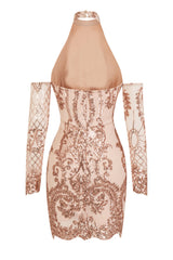 Icon Rose Gold Luxe Tribal Sequin Illusion Cold Shoulder Dress