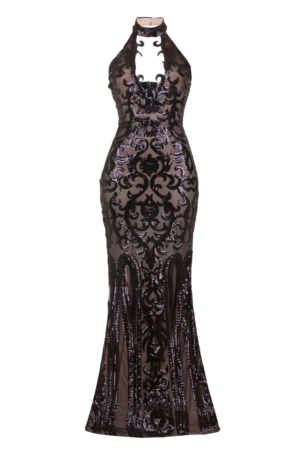 Majesty Luxe Black Nude Keyhole Victorian Sequin Illusion Maxi Dress