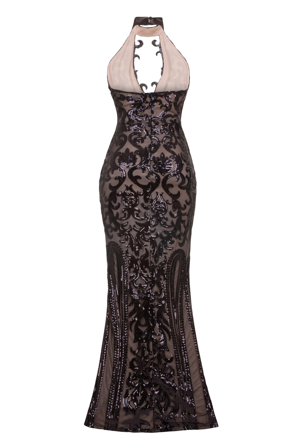 Majesty Luxe Black Nude Keyhole Victorian Sequin Illusion Maxi Dress