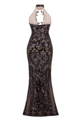 Majesty Luxe Black Nude Keyhole Victorian Sequin Illusion Maxi Dress