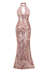 Majesty Luxe Rose Gold Keyhole Victorian Sequin Illusion Maxi Dress