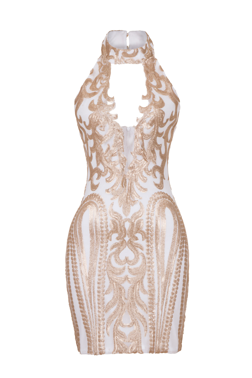 Kiki Luxe White Gold Keyhole Victorian Sequin Illusion Bodycon Dress