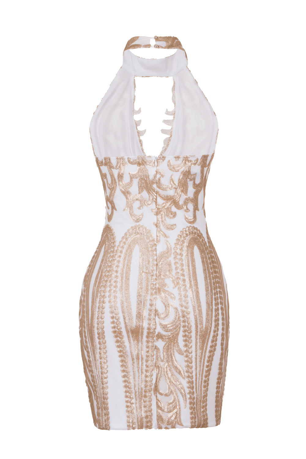 Kiki Luxe White Gold Keyhole Victorian Sequin Illusion Bodycon Dress