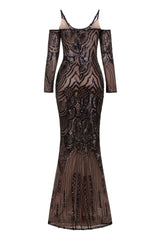 Vienna Black Luxe Tribal Vip Illusion Sequin Mermaid Maxi Dress