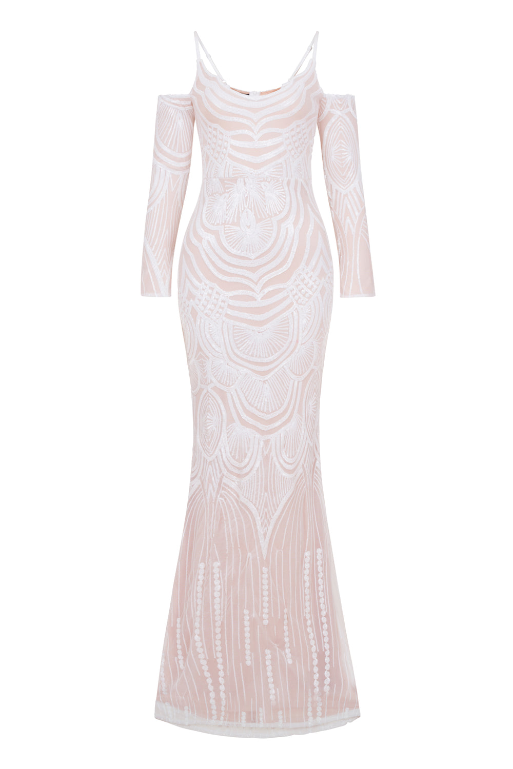 Vienna White Luxe Tribal Vip Illusion Sequin Mermaid Maxi Dress