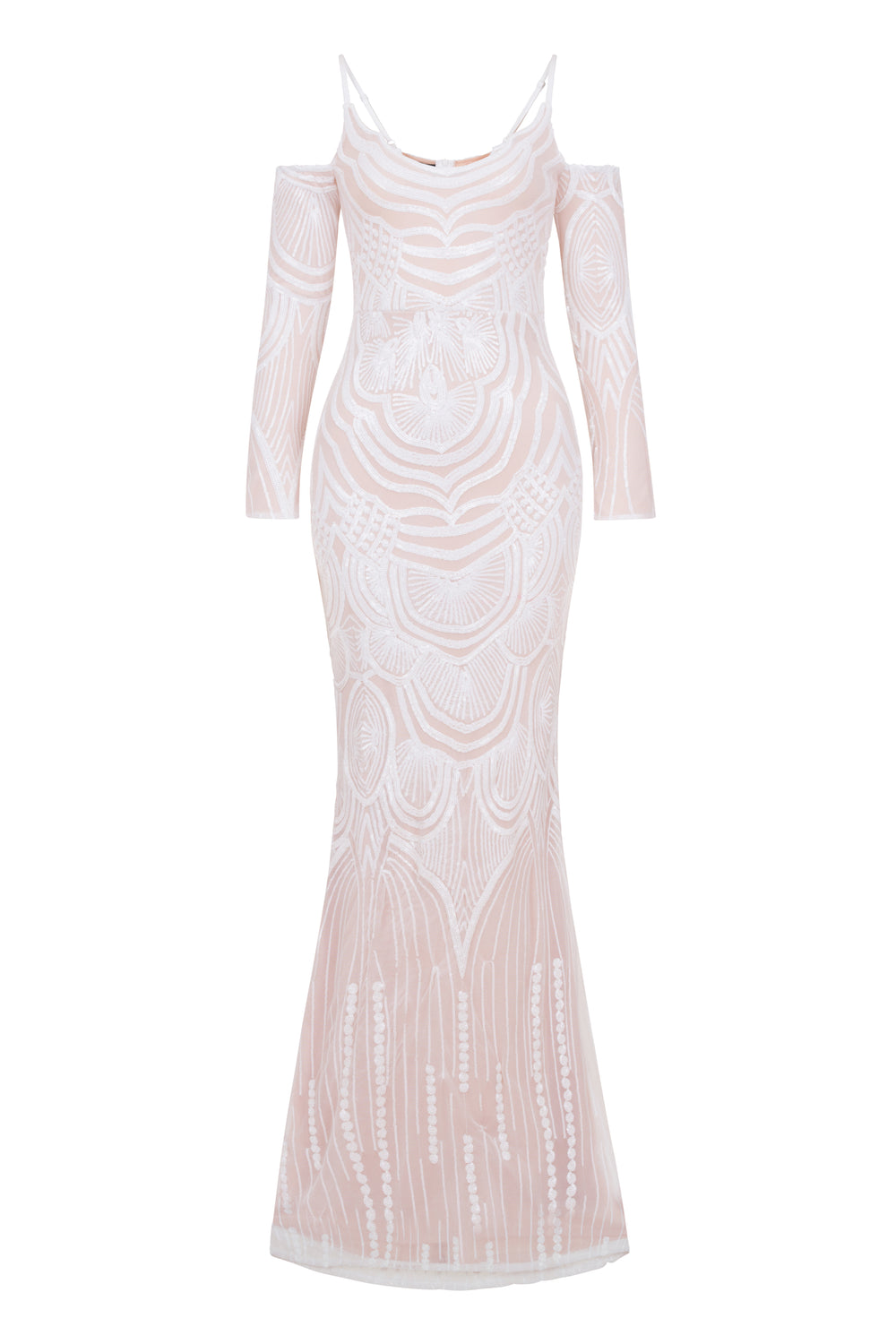 Vienna White Luxe Tribal Vip Illusion Sequin Mermaid Maxi Dress