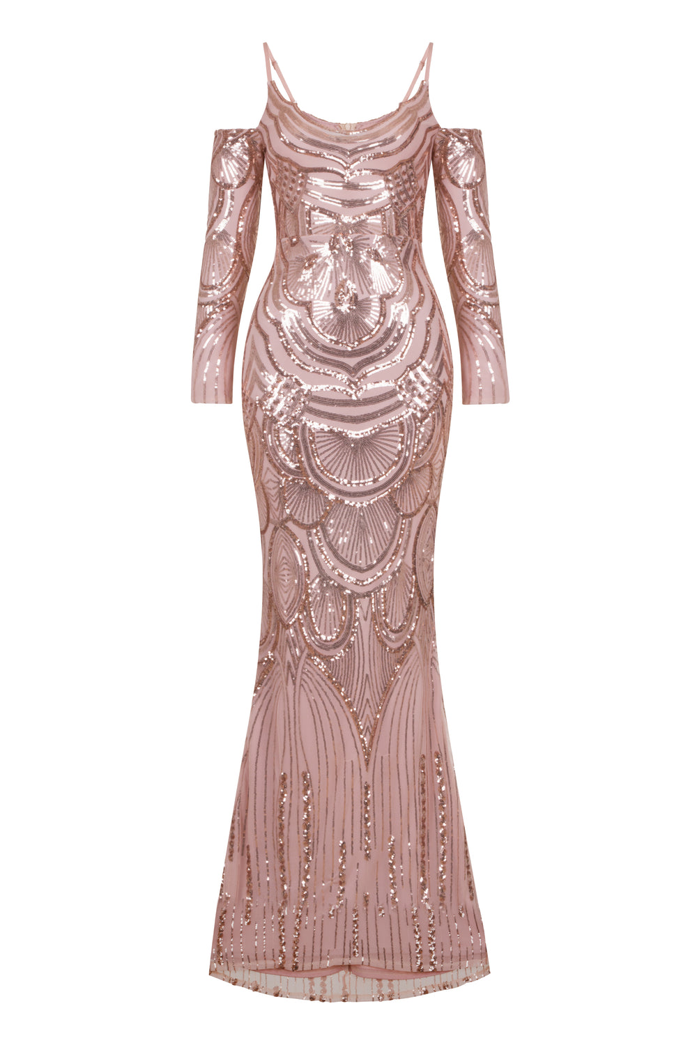 Vienna Rose Gold Luxe Tribal Vip Illusion Sequin Mermaid Maxi Dress