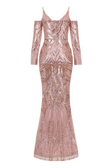 Vienna Rose Gold Luxe Tribal Vip Illusion Sequin Mermaid Maxi Dress