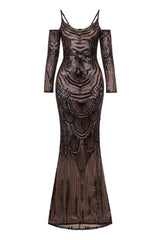 Vienna Black Luxe Tribal Vip Illusion Sequin Mermaid Maxi Dress