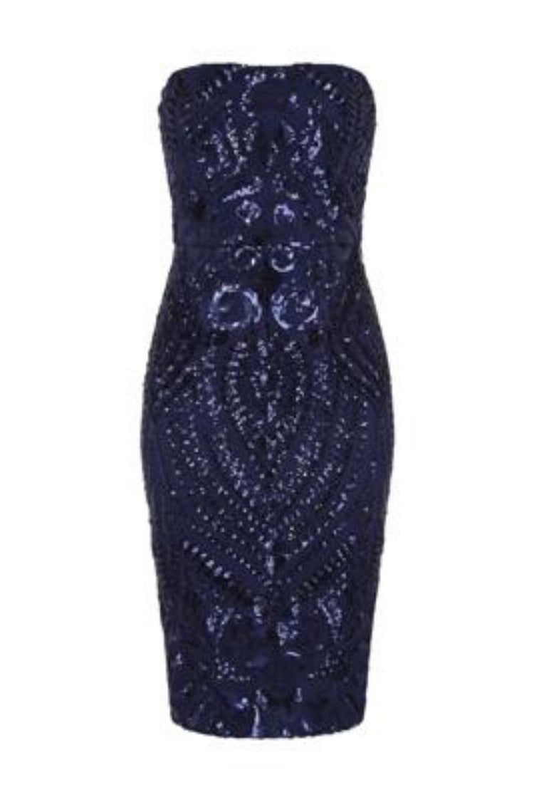 Chic Luxe Navy Blue Strapless Sequin Illusion Midi Pencil Dress