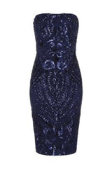 Chic Luxe Navy Blue Strapless Sequin Illusion Midi Pencil Dress