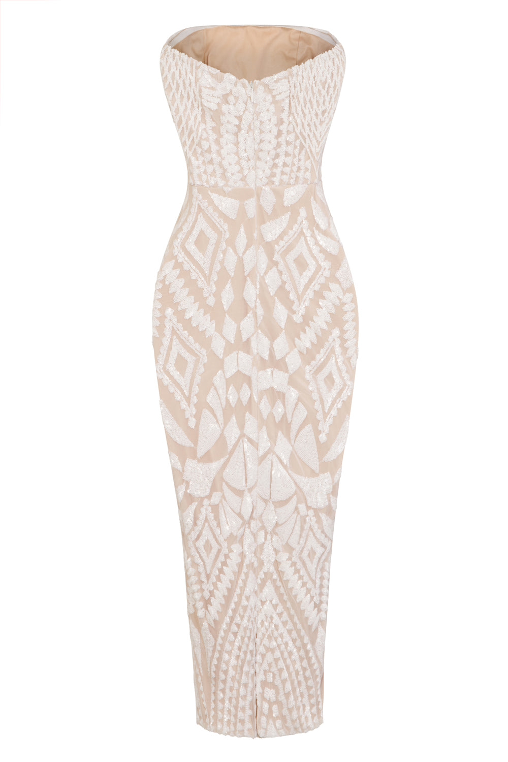 Chic Luxe White Nude Strapless Sequin Illusion Midi Pencil Dress