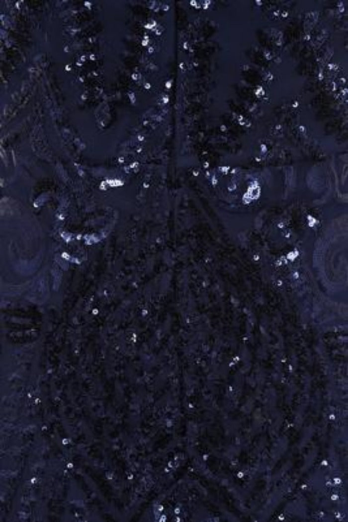 Chic Luxe Navy Blue Strapless Sequin Illusion Midi Pencil Dress